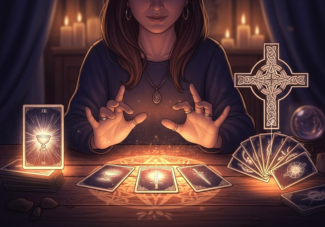 Professional tarot reader with multiple clients in authentic consultation sessions