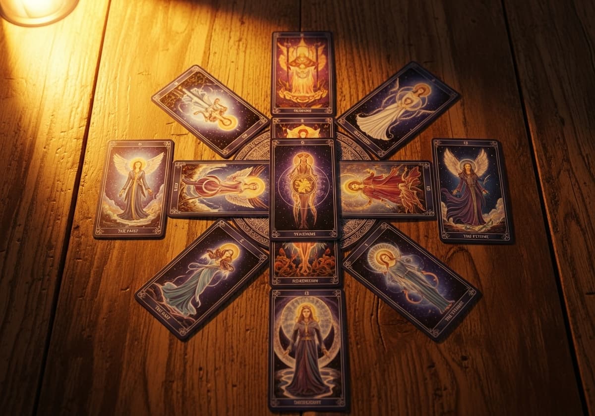 Celtic Cross tarot spread layout with traditional tarot cards