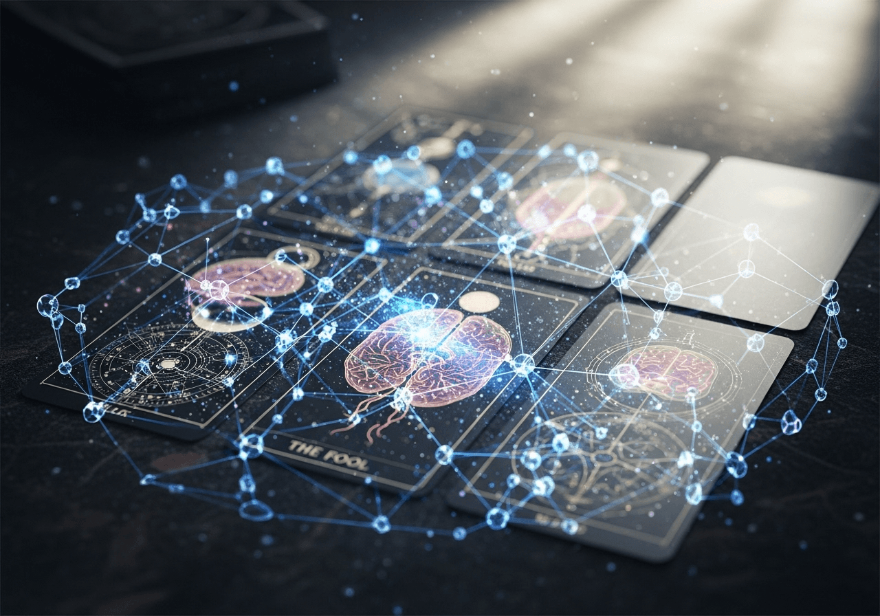 Modern technological interpretation of tarot combining digital and traditional elements