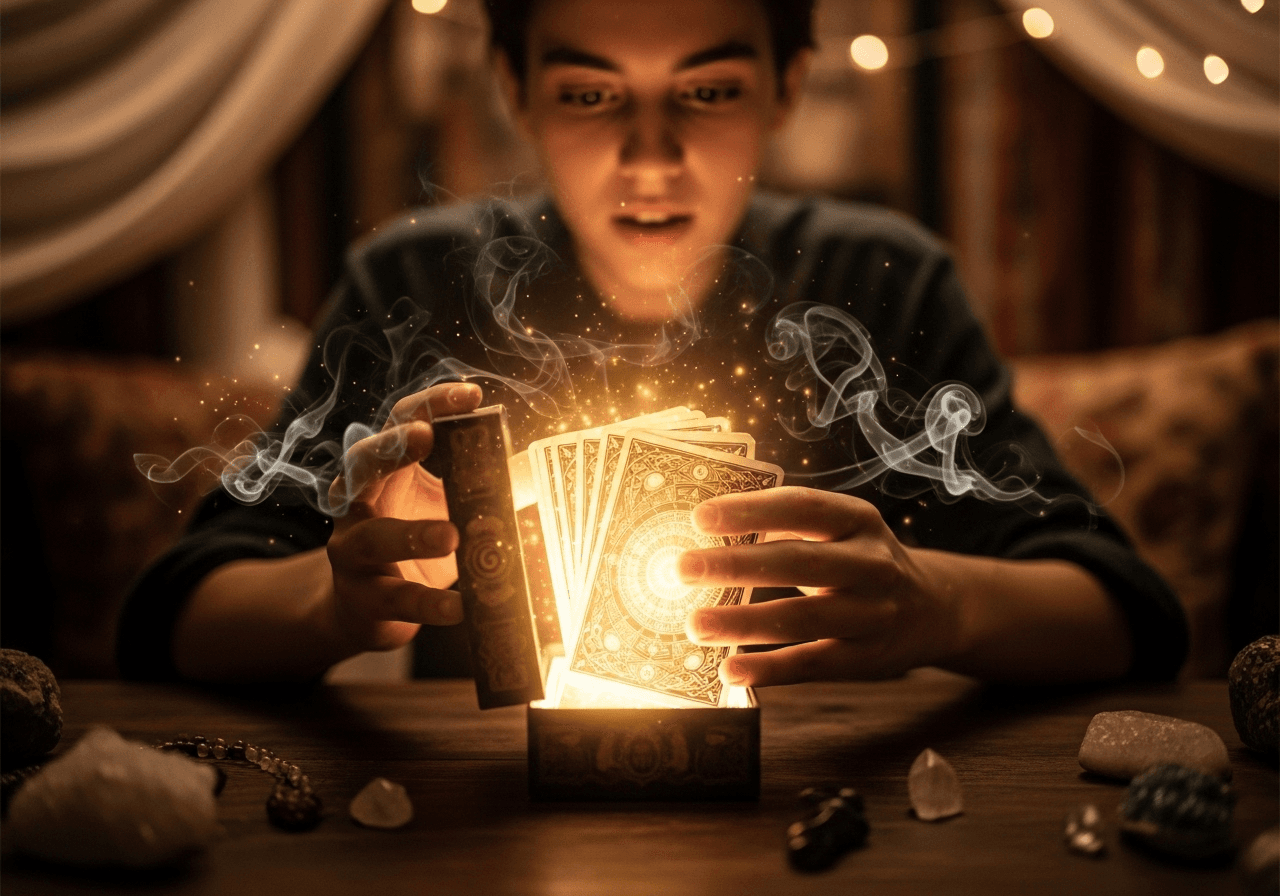 Beginner's first encounter with tarot cards - multiple decks spread out on a mystical table setting
