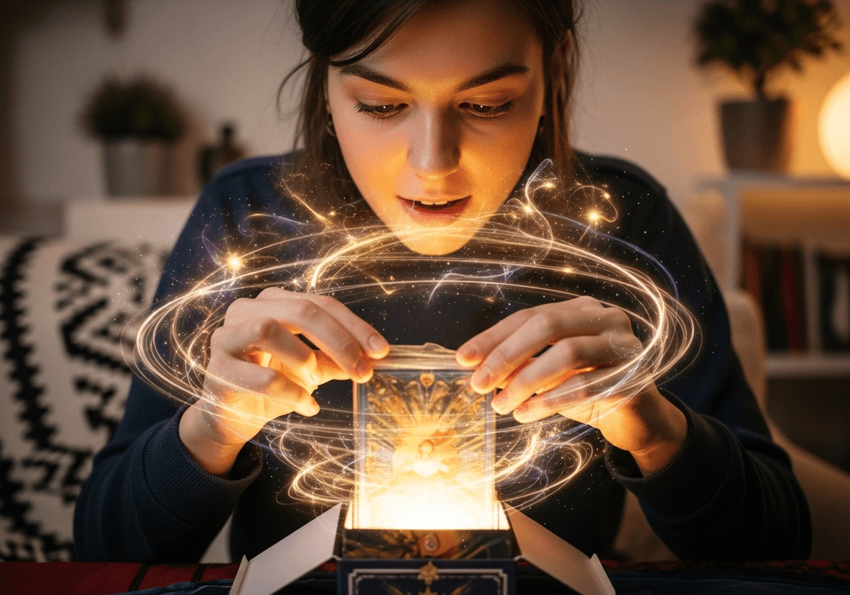 Person experiencing their first tarot reading session with cards laid out