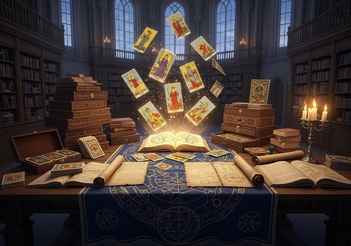 Vintage tarot library and study space representing the transformative journey of personal growth through tarot