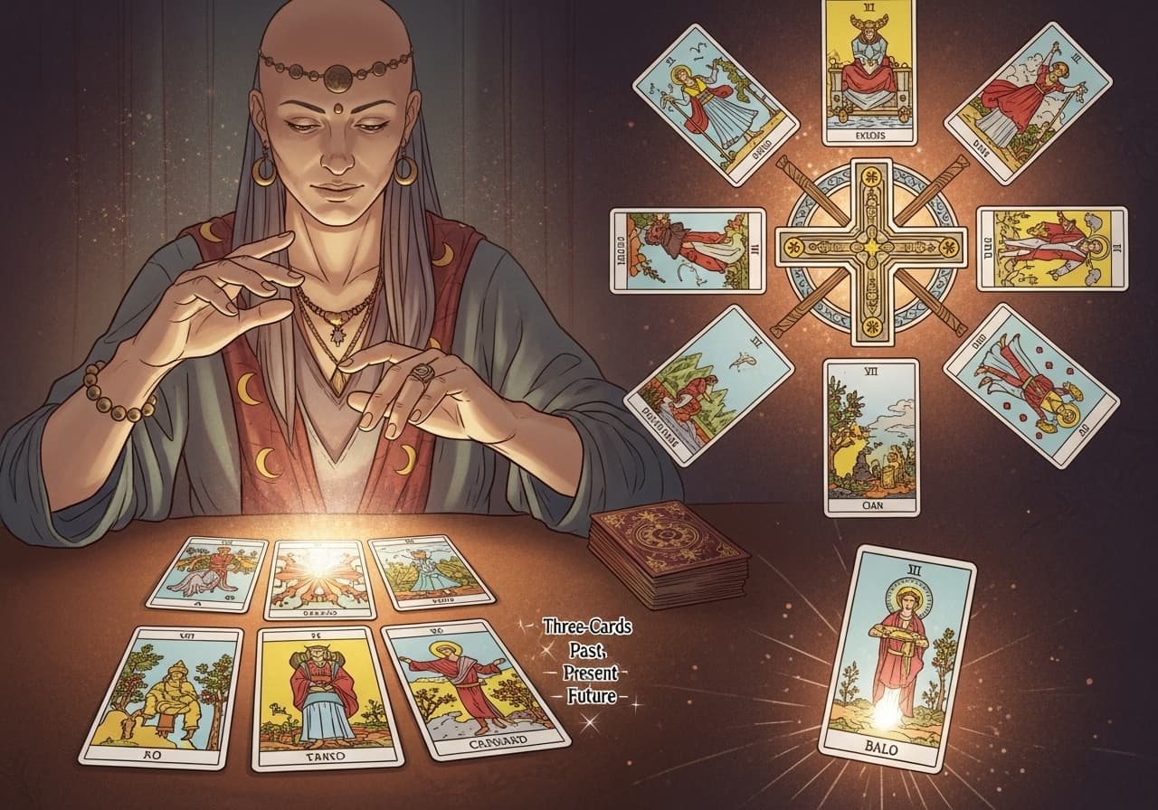 Professional tarot reader in consultation with client, showing proper preparation and question formulation