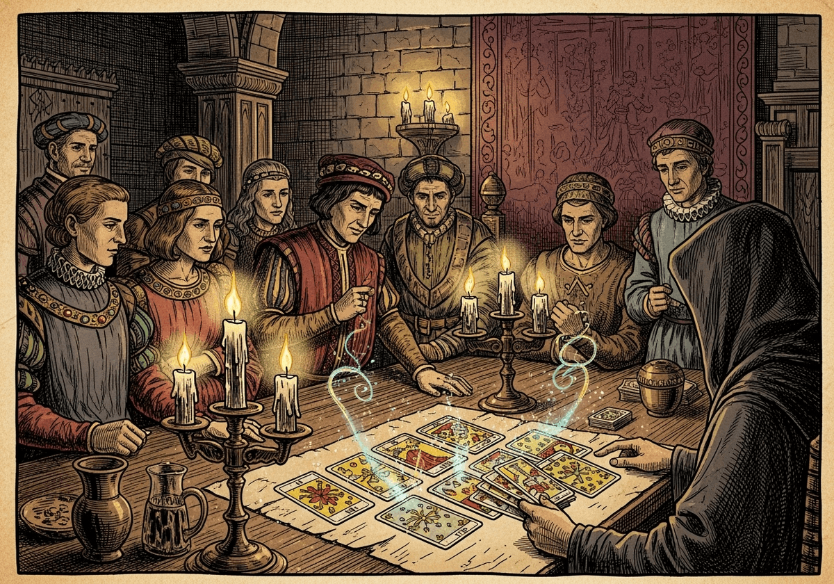 Medieval tarot cards showing traditional cultural heritage and global evolution of tarot practices